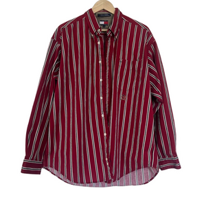 Vintage Oversized 90s Tommy Hilfiger Button Down Shirt Red White Striped Cord